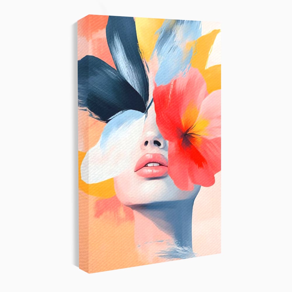 Tablou canvas cu tablou canvas cu fata de femeie si flori pictate, fara rama, pe sasiu de lemn